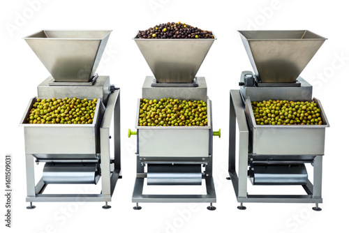Industrial olive processing machines with stainless steel hoppers isolated with transparent background