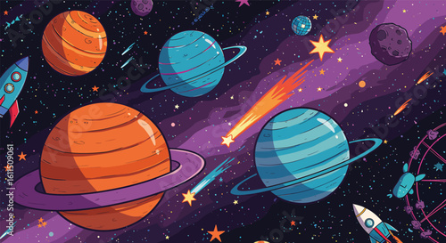 Vibrant cartoon cosmic scene with colorful planets, rockets, comets, and twinkling stars across the galaxy.