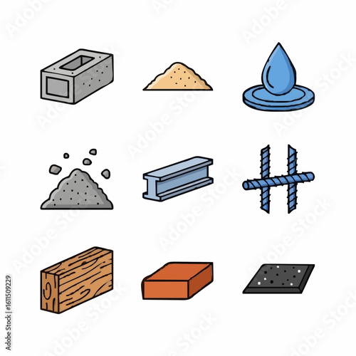 Vector Icons of Civil Engineering Materials – Cement, Sand, Gravel