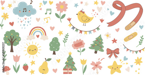 Charming collection of whimsical children's clip art with happy sun, rainbow, trees, and cute animals.