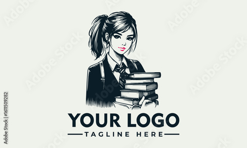 Stylish illustration of a young woman, holding a stack of books, suitable for a logo design.