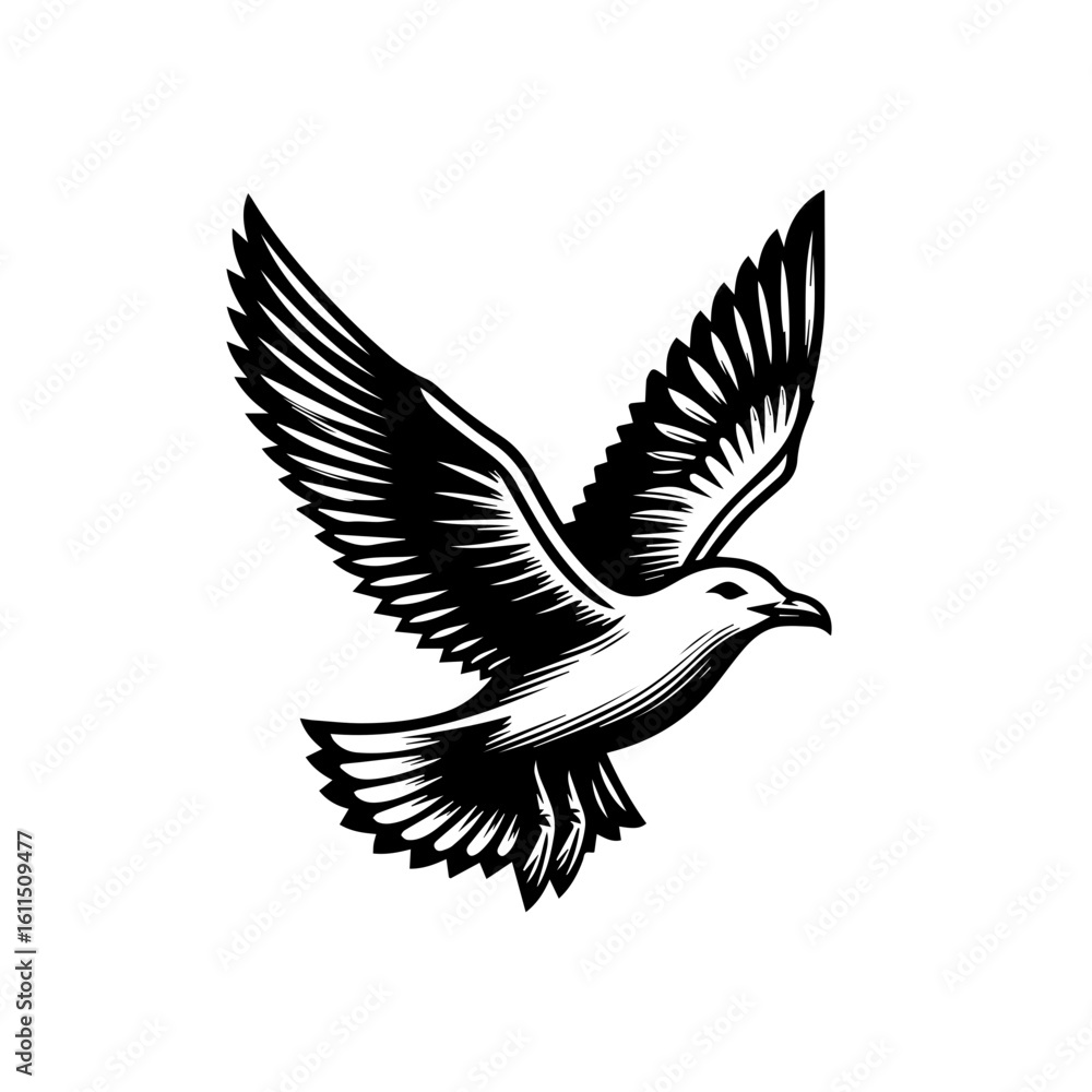 Obraz premium A black and white illustration of a seagull in flight
