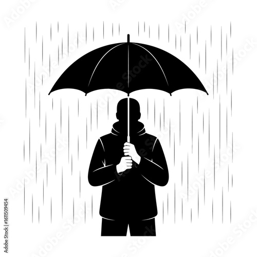black and white silhouette of a person holding an umbrella in the rain