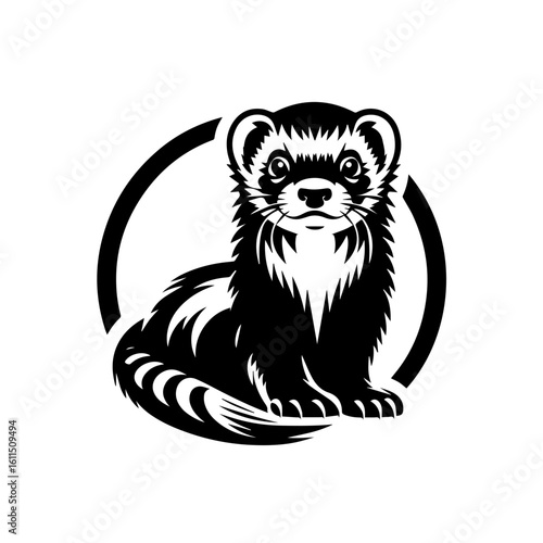 A stylized black and white illustration of a ferret