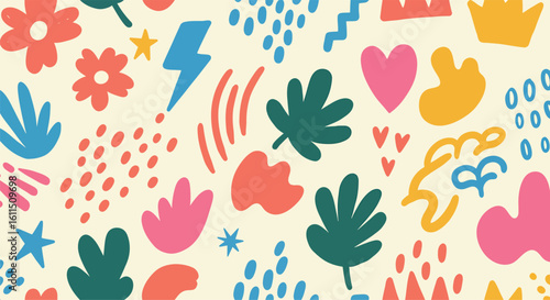 Playful seamless pattern with vibrant abstract shapes including flowers, leaves, hearts, and lightning bolts on cream