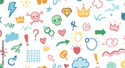 Vibrant Collection of Playful Hand-Drawn Doodle Symbols and Icon Sketches on a White Background Seamless Pattern