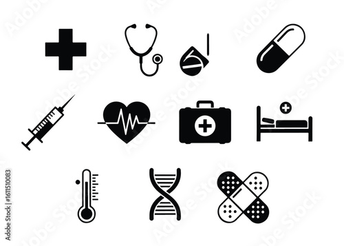 A collection of medical icons including a stethoscope, syringe, heart, pill, and more