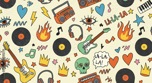 Colorful Party Music Doodles Seamless Pattern with Guitars Headphones Vinyl Records and Boomboxes
