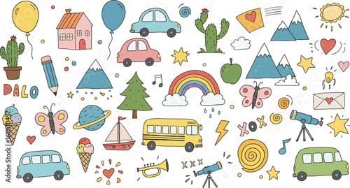 Whimsical Collection of Cute Hand-Drawn Childrens Doodles Including Rainbows Houses and School Buses