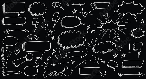 Expressive hand-drawn white doodle elements on a black background, featuring speech bubbles, arrows, and stars.
