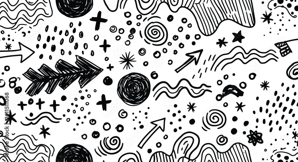 Obraz premium Dynamic seamless pattern of black hand-drawn abstract doodle shapes, featuring arrows, spirals, and various marks on a white background.