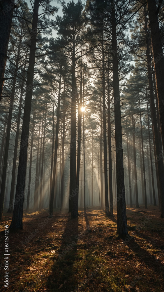 Fototapeta premium Morning Sunlight Through Pine Forest