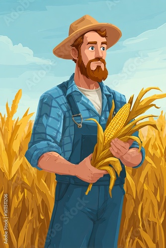 Amidst a vast golden field, a master farmer proudly holds a ripe corn cob, dressed in overalls and a straw hat. The vivid sky enhances the feeling of a successful harvest under bright daylight.