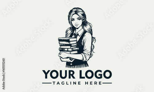 Vintage logo featuring a woman holding a stack of books, showcasing a studious and intellectual persona.