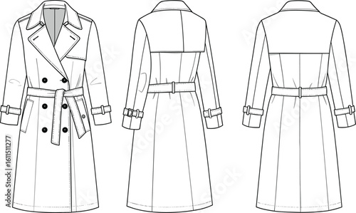 CAD drawing flat vector illustration, classic trench coat design, garments dress, garments cloth, fashion sketch, apparel blueprint, clothing pattern