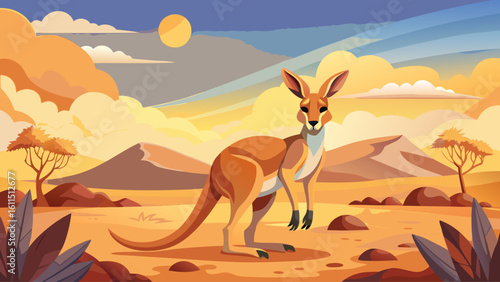 A kangaroo stands tall in a dusty Australian outback plain, staring calmly at the passing breeze