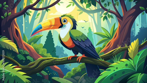A toucan perches on a mossy branch deep in the Amazon, its colorful beak catching shafts of sunlight