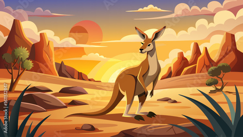 A kangaroo stands tall in a dusty Australian outback plain, staring calmly at the passing breeze