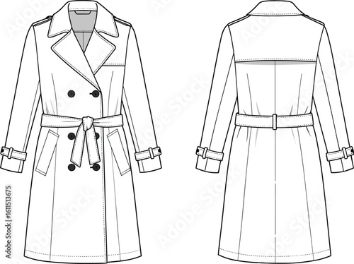 CAD drawing flat vector illustration, trench coat design, garments dress, garments cloth, fashion sketch, coat blueprint, apparel pattern, outerwear