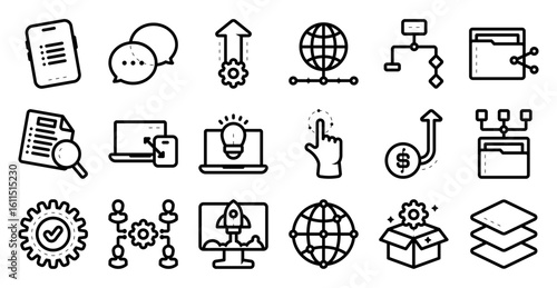 Software development icon set related to technology, digital, business, computer, data, system, information, and others. vector illustration with line and outline style
