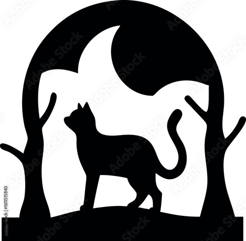 Black cat silhouette under the moon with trees isolated on white background isolated on transparent background