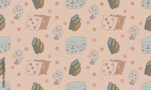 Pastel Storage Pattern Cozy Baskets, Books and Lamps Seamless