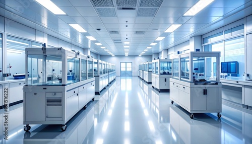 Pristine laboratory corridor with symmetrical workstations and cool, reflective light.