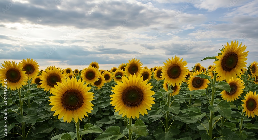 Fototapeta premium A vast sunflower field under a partly cloudy sky.