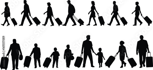 Silhouette travelers walking with luggage, airport passengers, travel people vector, family trip, business travel illustration, journey, vacation, tourism