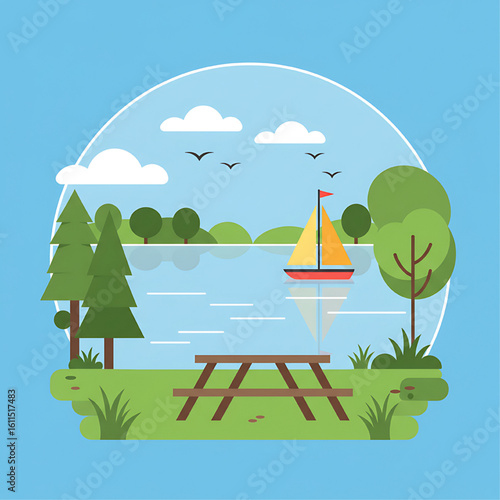 A flat design illustration of a serene lake scene with a sailboat, picnic table, and trees.