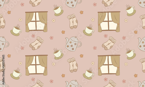 Warm Home Comfort Pattern ,Windows, Socks and Mugs Seamless