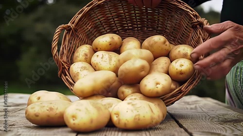 Slow motion video of farmer hands pouring fresh harvested potatoes from a wicker basket onto a wooden table

