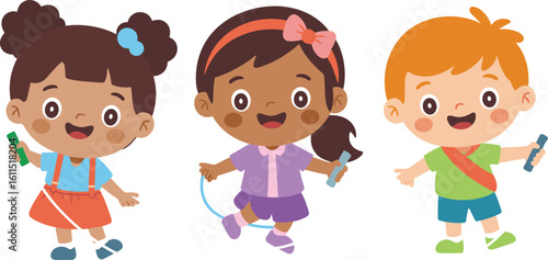 Cartoon kids with jump ropes, outdoor activity, playful exercise scene, happy children illustration, skipping game concept, colorful character vector, active lifestyle artwork