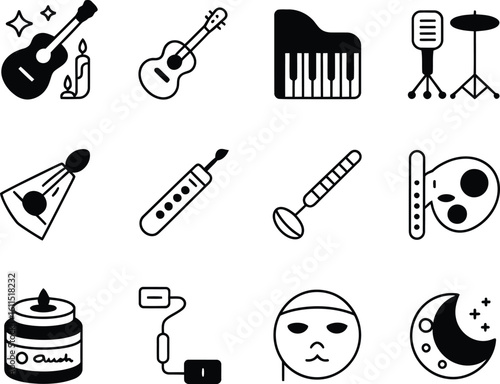 Collection of hand drawn musical instruments and related items in a doodle style
