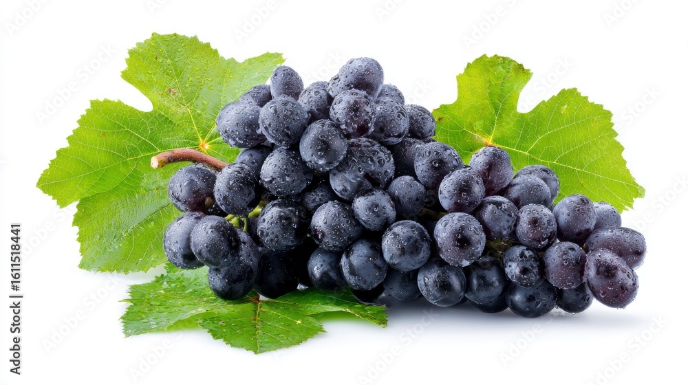 Fototapeta premium Black grape cluster with leaves isolated on white background. Clipping path