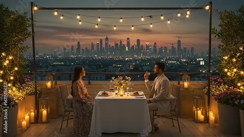 Romantic rooftop dinner with city skyline view at sunset creates magical moment