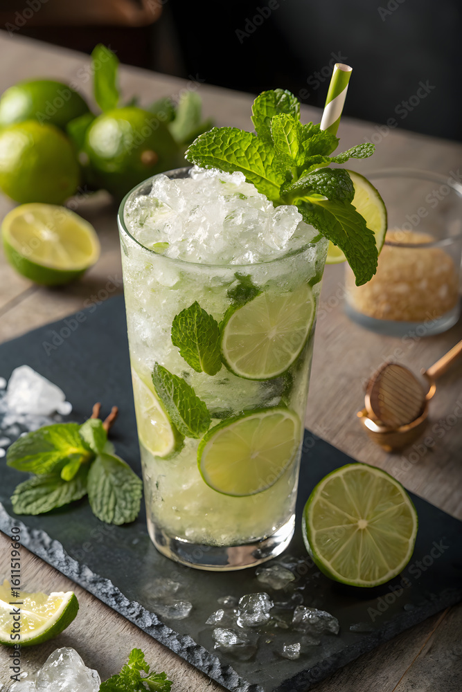 Fototapeta premium Refreshing mojito cocktail with lime and mint on a rustic table