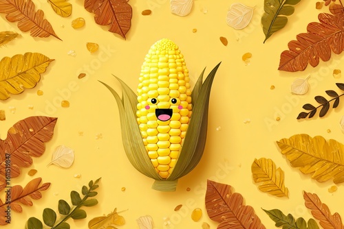 A cheerful cartoon-style corn cob features a big smile and bright yellow kernels, surrounded by vibrant autumn leaves. This festive image highlights National Siblings Day, perfect for sharing joy.