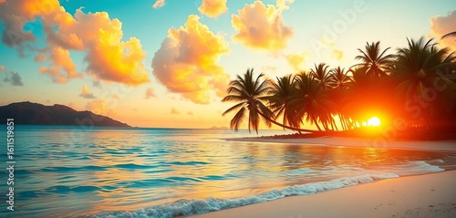 Fototapeta Naklejka Na Ścianę i Meble -  Tropical beach at sunset, turquoise water, palm trees, summer, explore