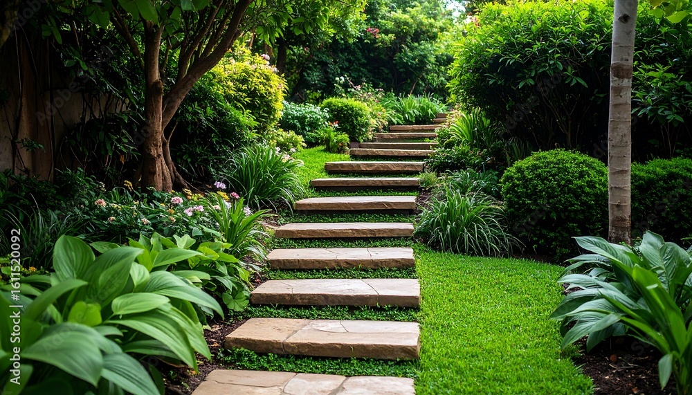 Obraz premium A garden staircase with lush landscaping