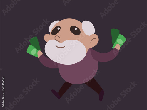 Happy grandfather holding money, rich old man. Vector eps illustration