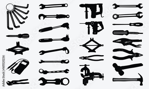 Diverse Mechanic Tools Vector Silhouette Bundle.