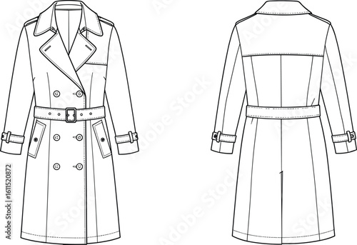 Classic Trench Coat Fashion CAD Flat, Vector Garment Sketch, Stylish Outerwear Design, Technical Drawing, Apparel Template, Garments Dress Cloth