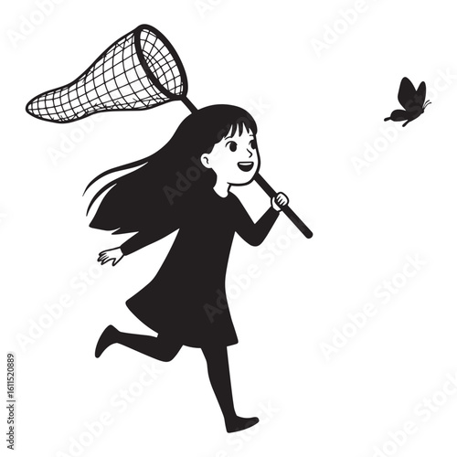 Happy girl chasing a butterfly with a net in black and white vector illustration