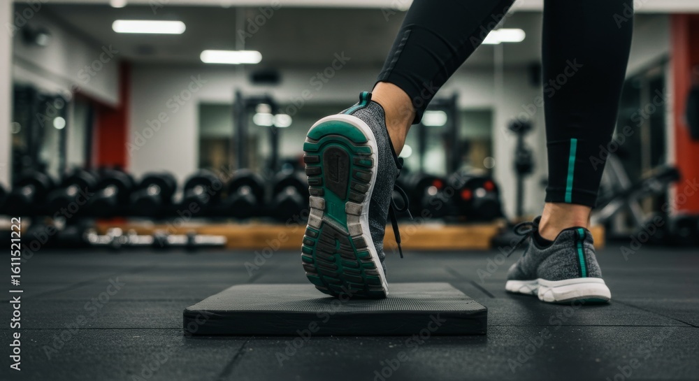 Naklejka premium Athletic Feet Stepping on Cushioned Mat in Modern Gym Studio with Mirrors