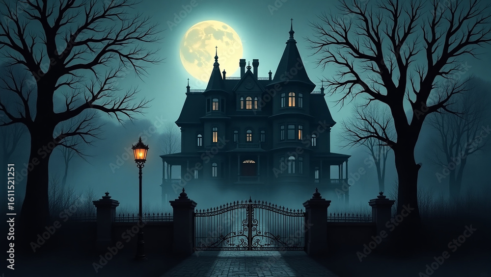 Victorian haunted mansion at twilight, silhouetted by full moon and fog. Gnarled trees, flickering gas lamp at gate. Dark, gothic, realistic painting, high detail, eerie yet beautiful. Victorian haunted mansion at twilight, silhouetted by full moon and fog. Gnarled trees, flickering gas lamp at gate. Dark, gothic, realistic painting, high detail, eerie yet beautiful.