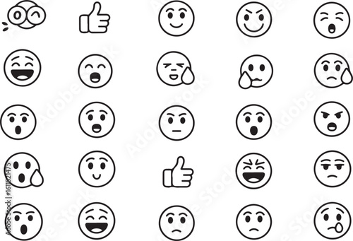 Diverse Emoticons Depicting Varied Emotions and Hand Gesture Expressing Approval in a Black and White Graphic Design