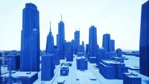 Dynamic Blue Cityscape: Low-Poly 3D Aerial View of Modern Metropolis.