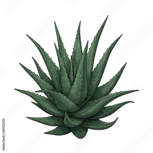 A vibrant green aloe vera plant with pointed leaves arranged in a rosette shape is isolated on white backdrop, concept for skincare ingredient, medicinal plant and home decor illustration.