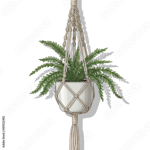 Illustration of fern plant in a macrame hanger, concept for interior decoration, bohemian design and handicraft presentation